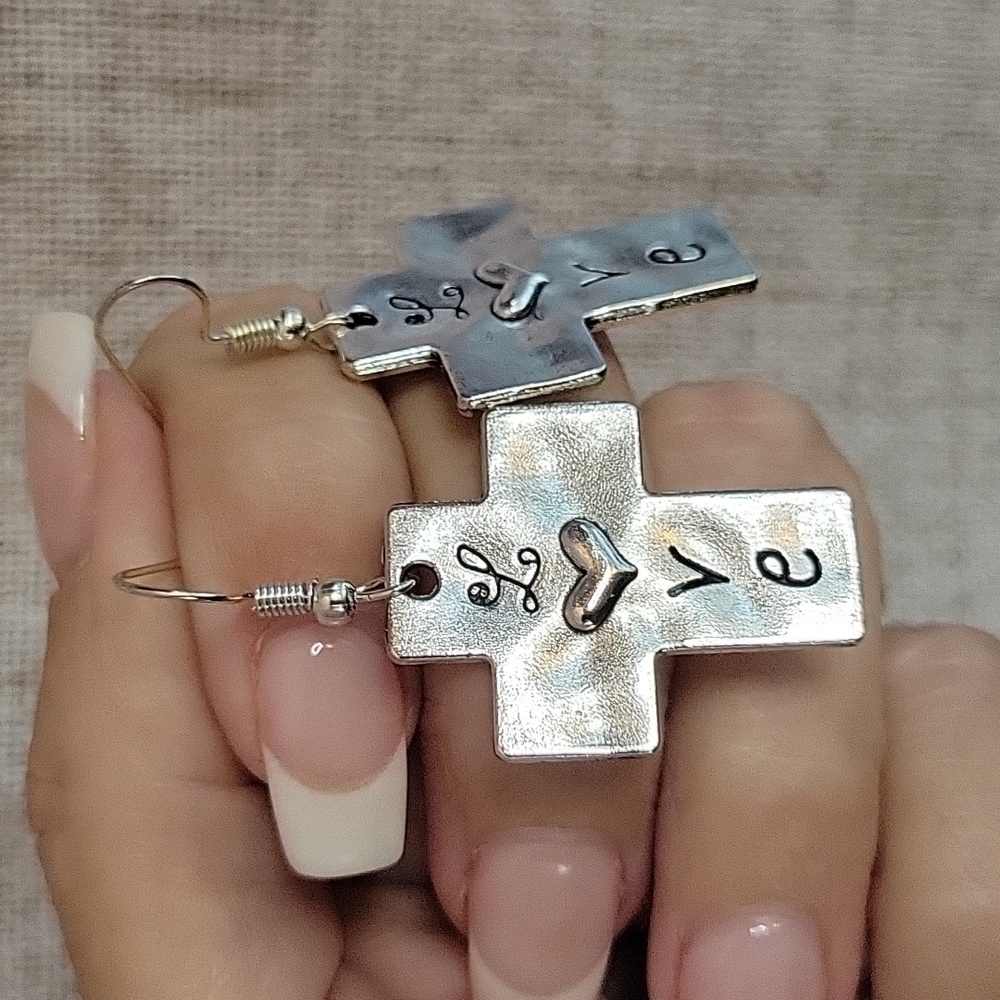 🔥LAST PAIR🔥 Christian Love Hammered Cross Drop Earrings